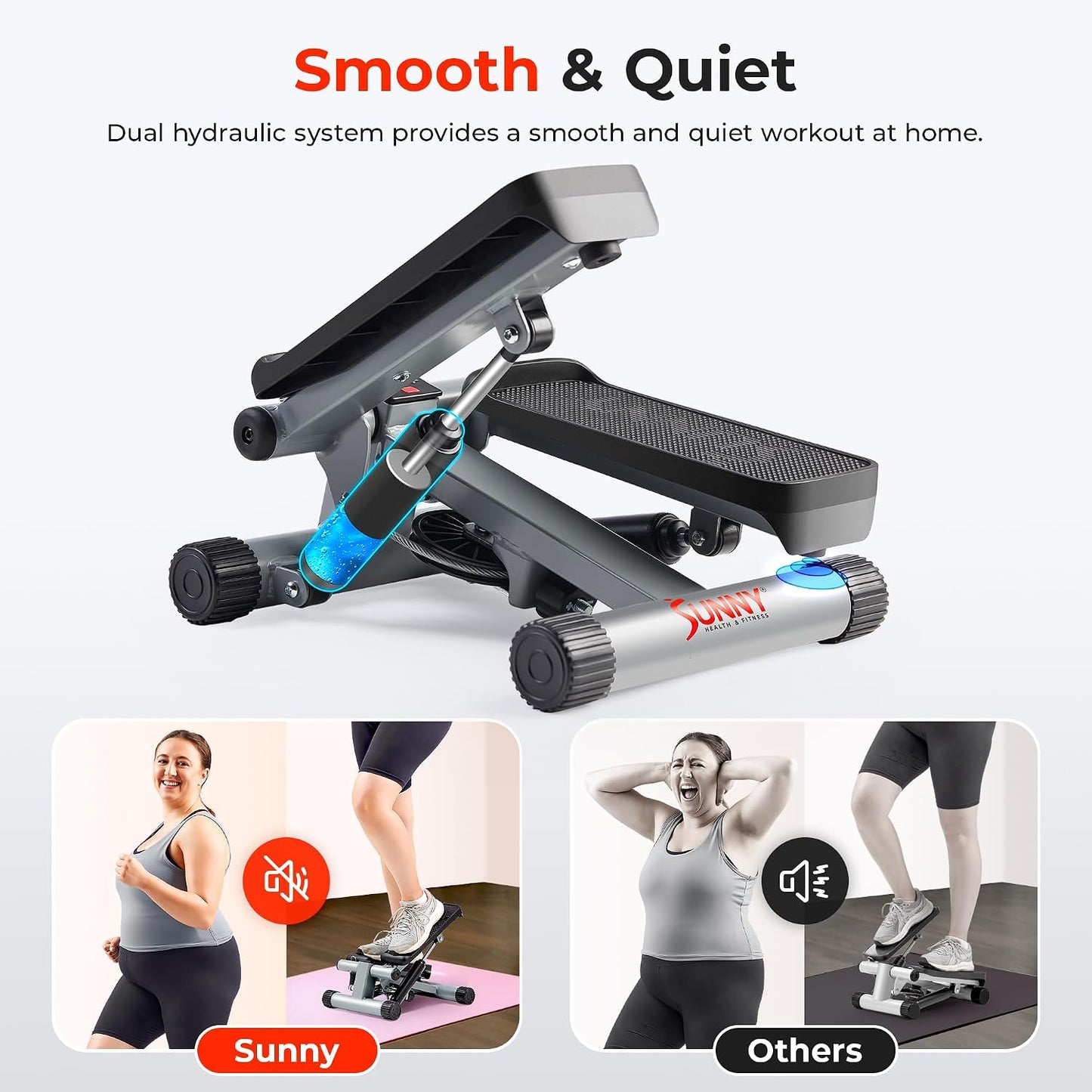 Sunny Health & Fitness Mini Stair Stepper w/Resistance Bands for Home Gym | Full Body Cardio, Adjustable Step Height, Hydraulic Resistance, LCD Meter, No Assembly, 300 lb Capacity, SunnyFit App