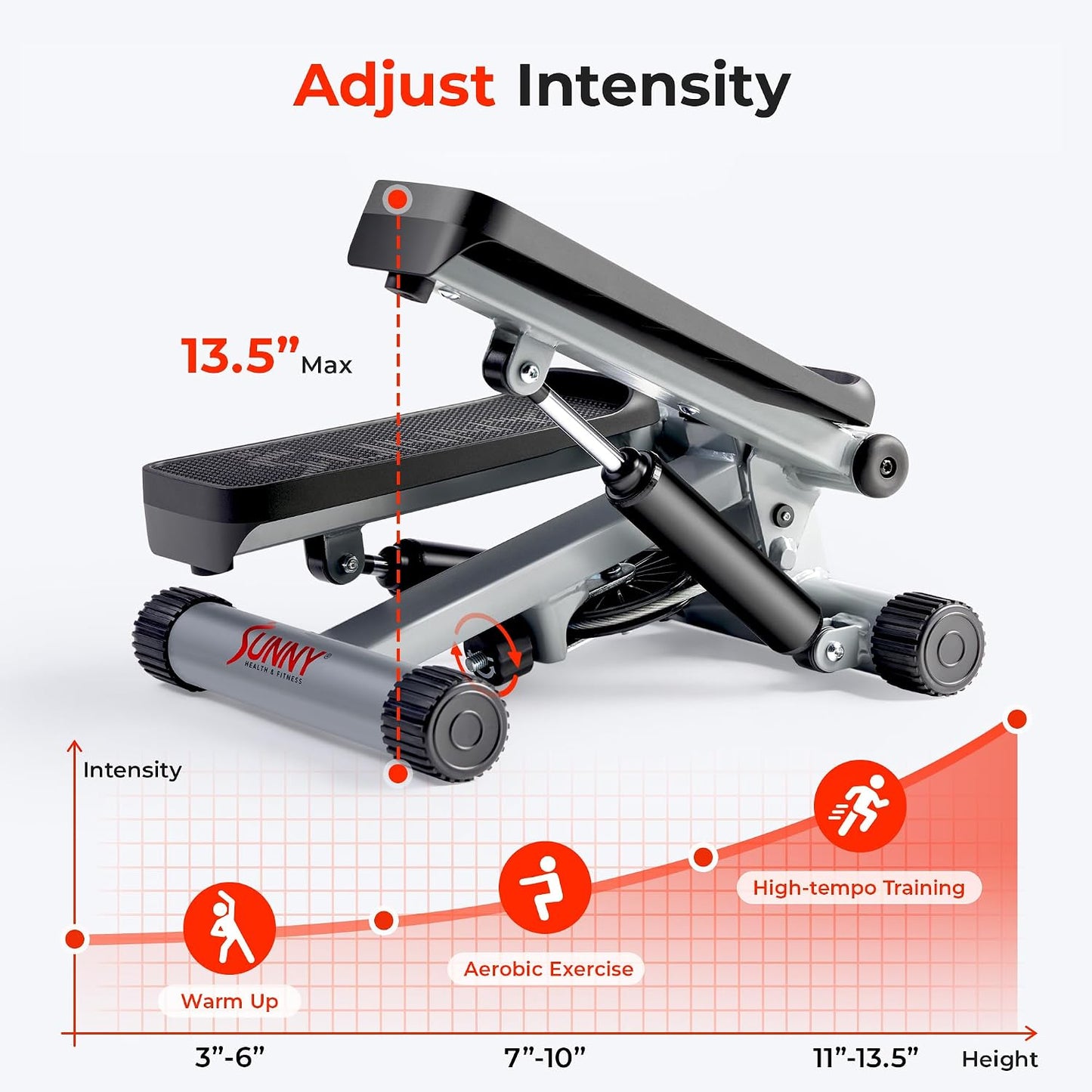 Sunny Health & Fitness Mini Stair Stepper w/Resistance Bands for Home Gym | Full Body Cardio, Adjustable Step Height, Hydraulic Resistance, LCD Meter, No Assembly, 300 lb Capacity, SunnyFit App