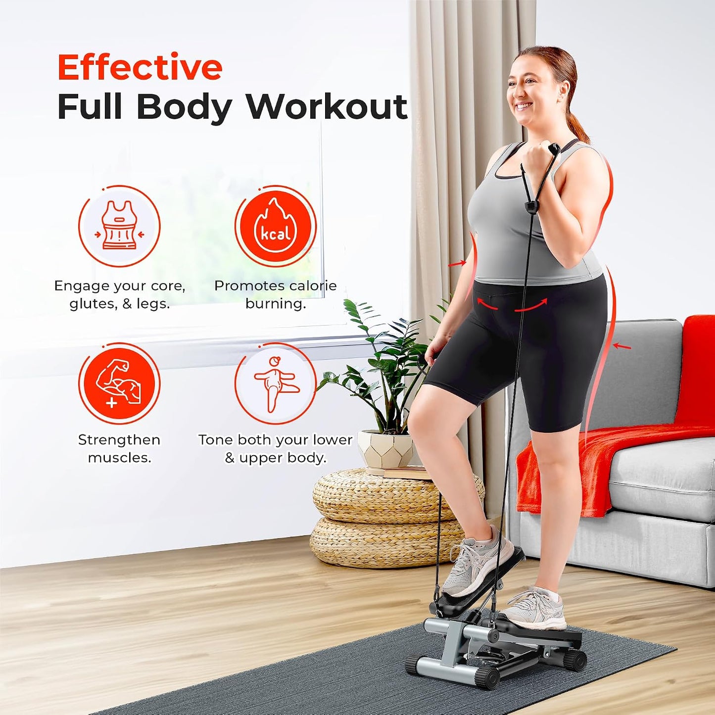 Sunny Health & Fitness Mini Stair Stepper w/Resistance Bands for Home Gym | Full Body Cardio, Adjustable Step Height, Hydraulic Resistance, LCD Meter, No Assembly, 300 lb Capacity, SunnyFit App