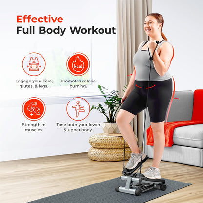 Sunny Health & Fitness Mini Stair Stepper w/Resistance Bands for Home Gym | Full Body Cardio, Adjustable Step Height, Hydraulic Resistance, LCD Meter, No Assembly, 300 lb Capacity, SunnyFit App